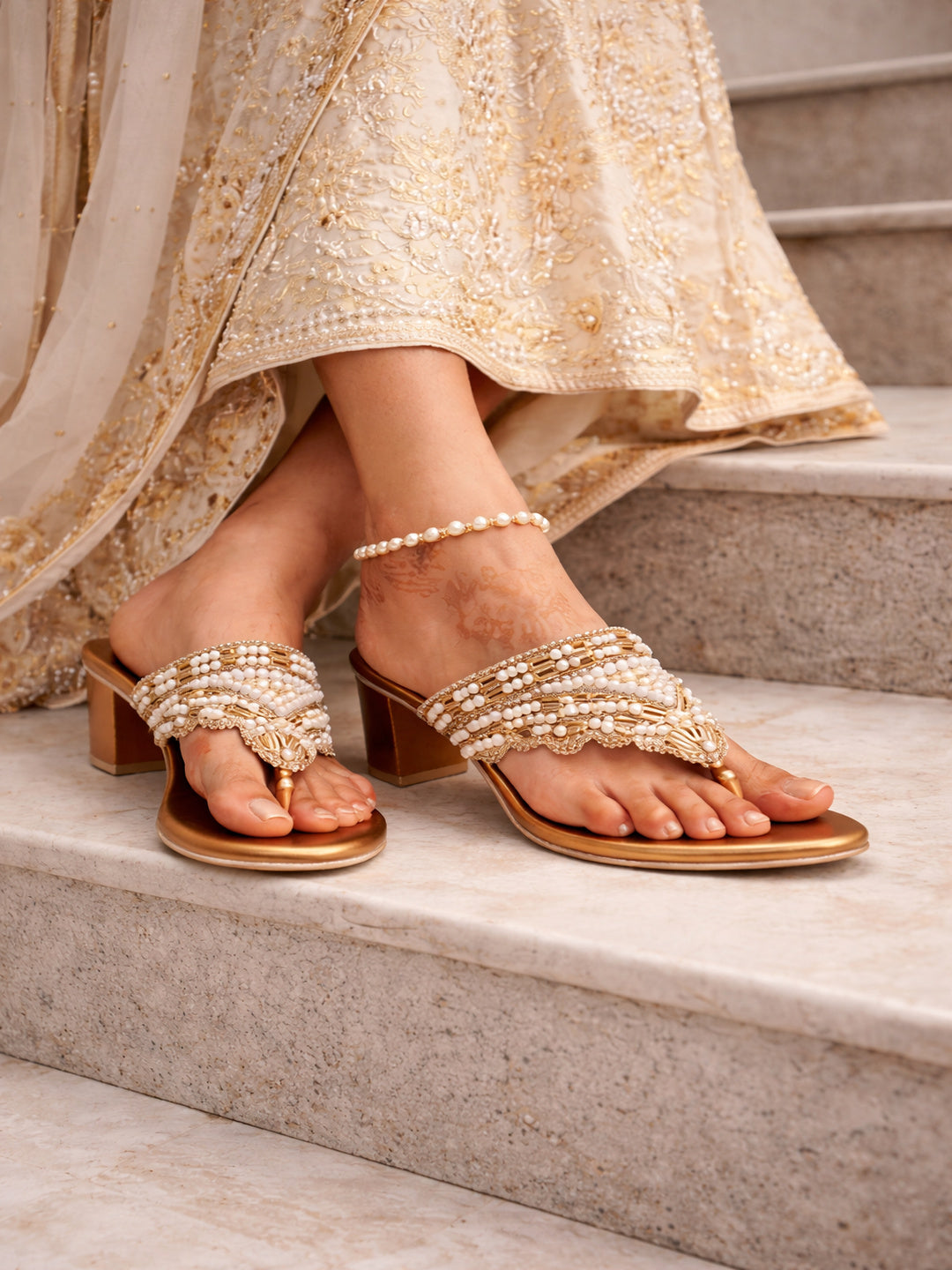 Premium Copper Pearl-Studded T-Strap Block Heel Sandals