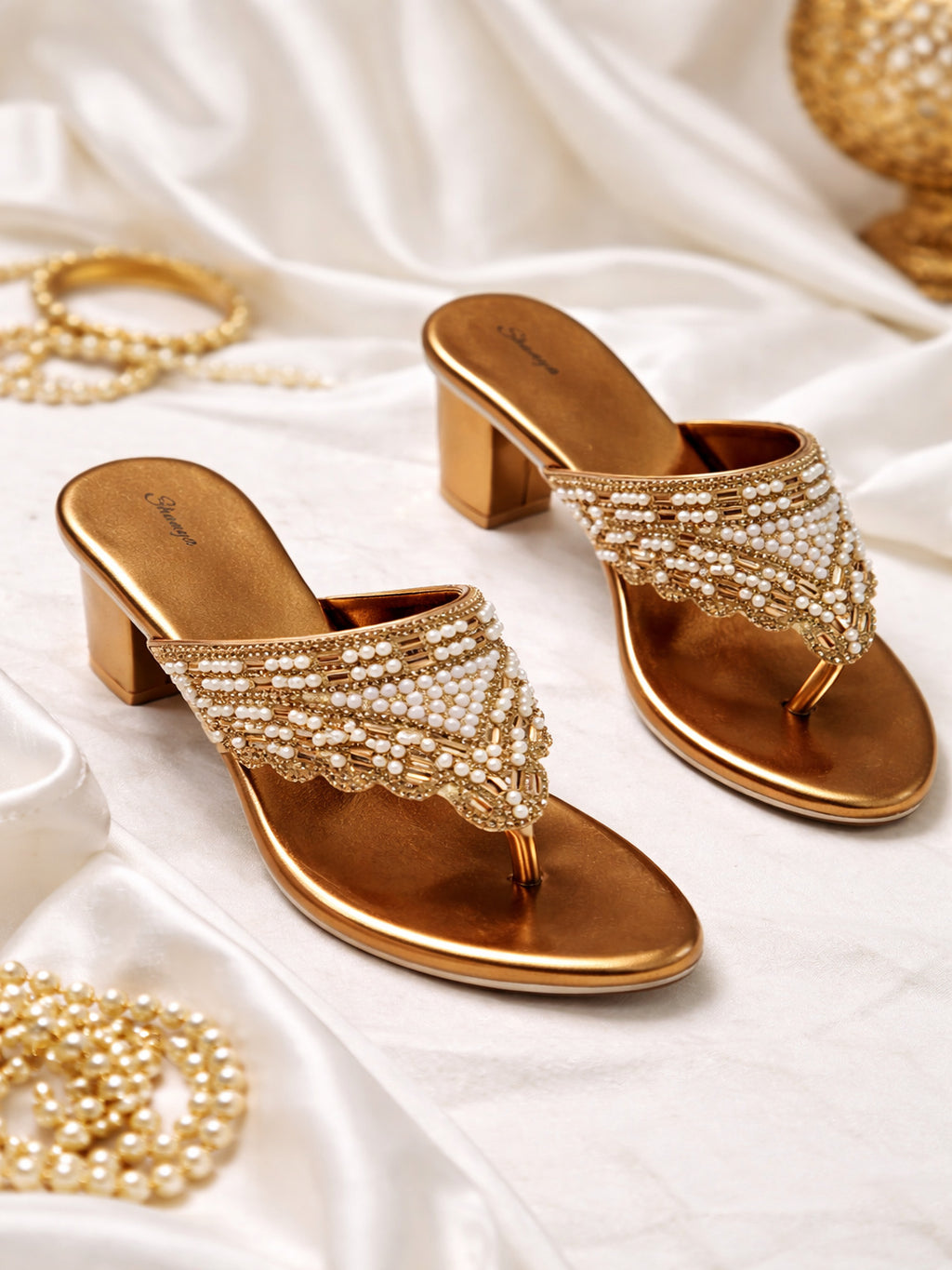 Premium Copper Pearl-Studded T-Strap Block Heel Sandals