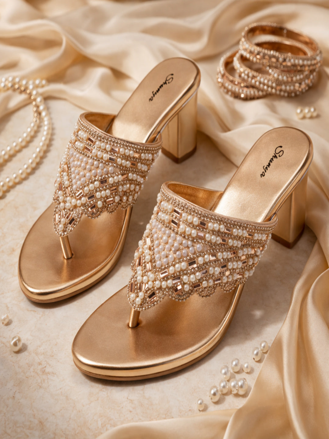 Premium Gold Pearl-Studded T-Strap Block Heel Sandals