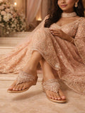Premium Gold Pearl-Studded T-Strap Block Heel Sandals