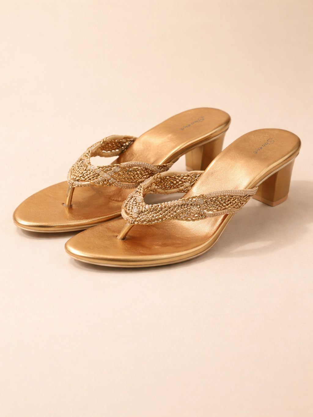 Classic Copper Braided T-Strap Block Heel Sandals