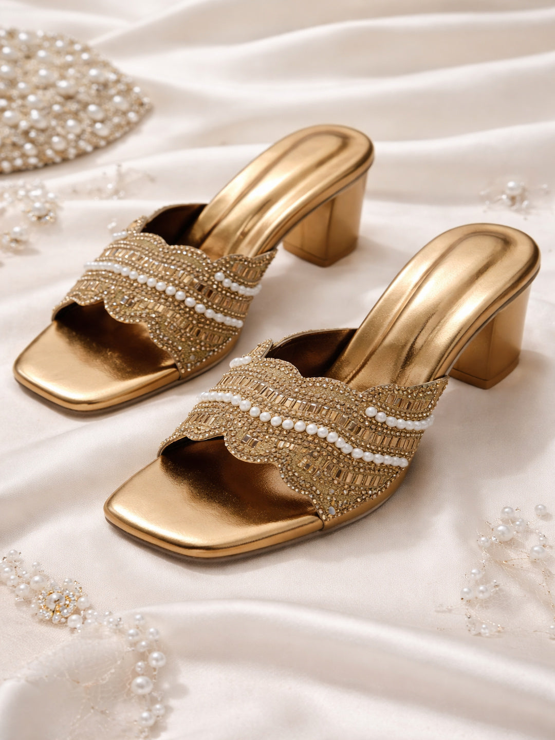 Elegant Gold Pearl-Embellished Block Heel Sandals