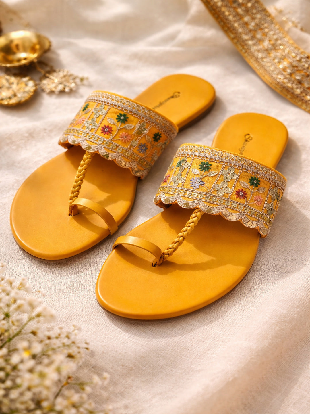 Mustard Hand-Embroidered Ethnic Toe-Ring Flats for Women