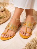 Mustard Hand-Embroidered Ethnic Toe-Ring Flats for Women