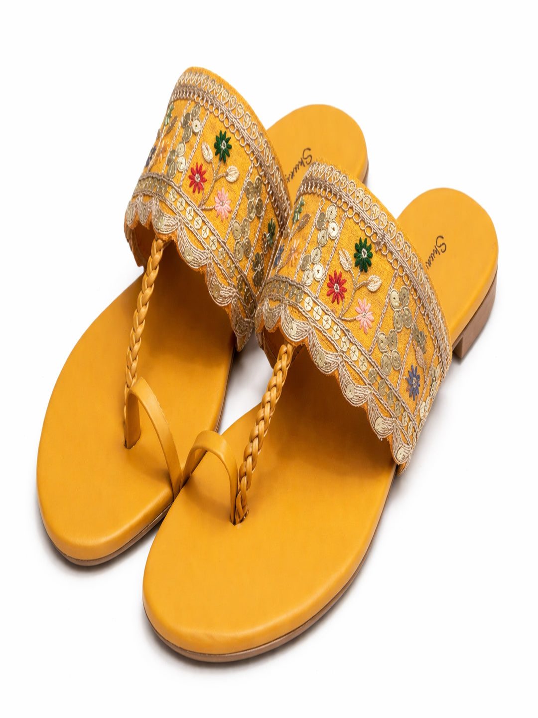 Mustard Hand-Embroidered Ethnic Toe-Ring Flats for Women
