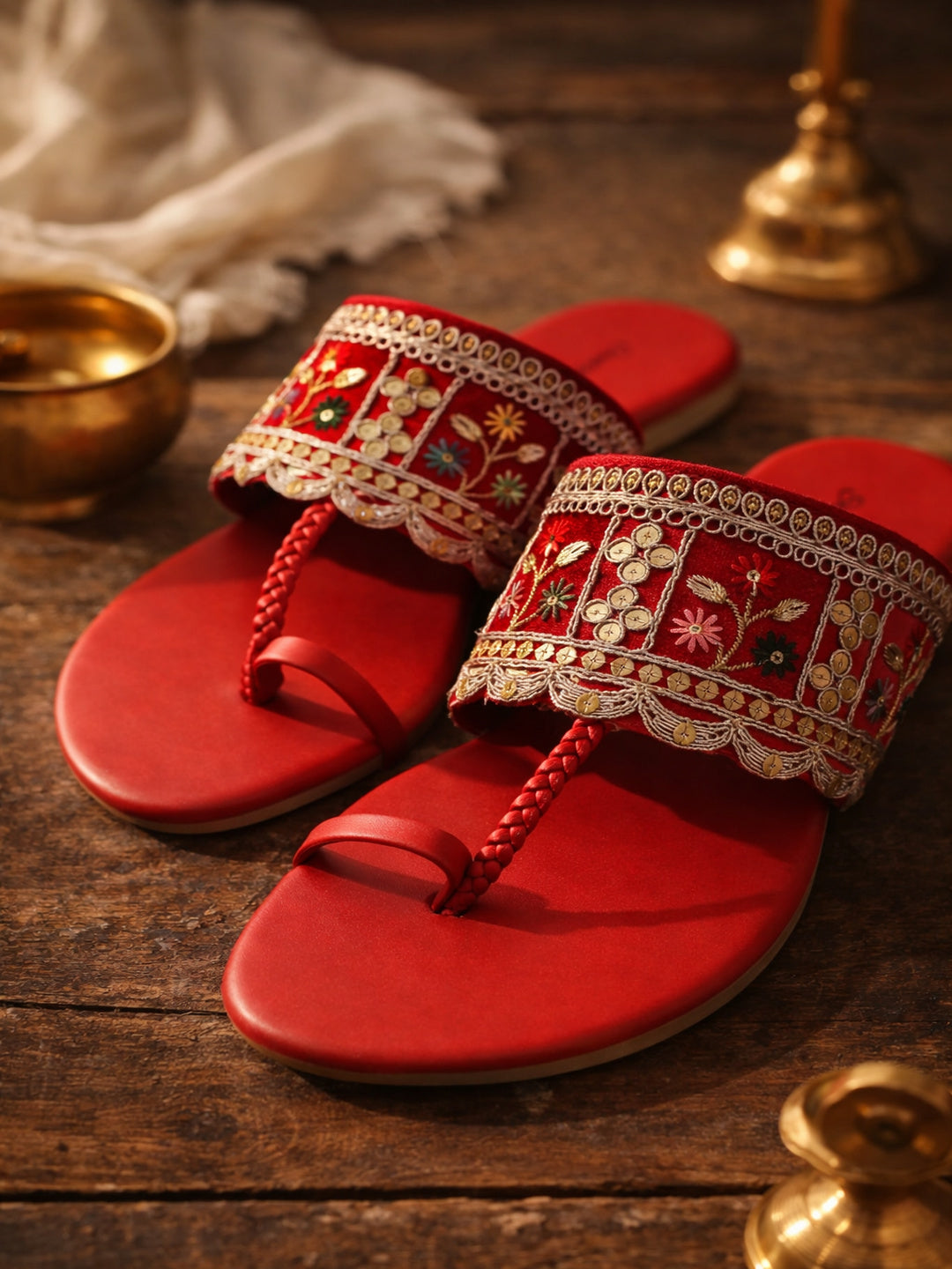 Royal Red Embroidered Toe-Ring Ethnic Flats for Women