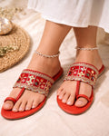 Royal Red Embroidered Toe-Ring Ethnic Flats for Women