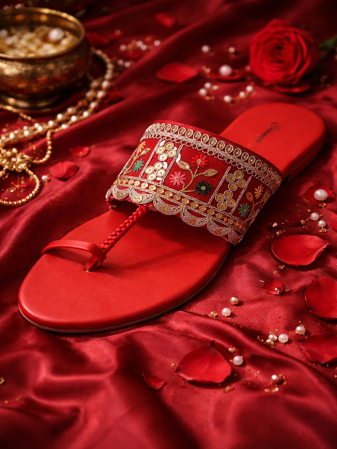 Royal Red Embroidered Toe-Ring Ethnic Flats for Women