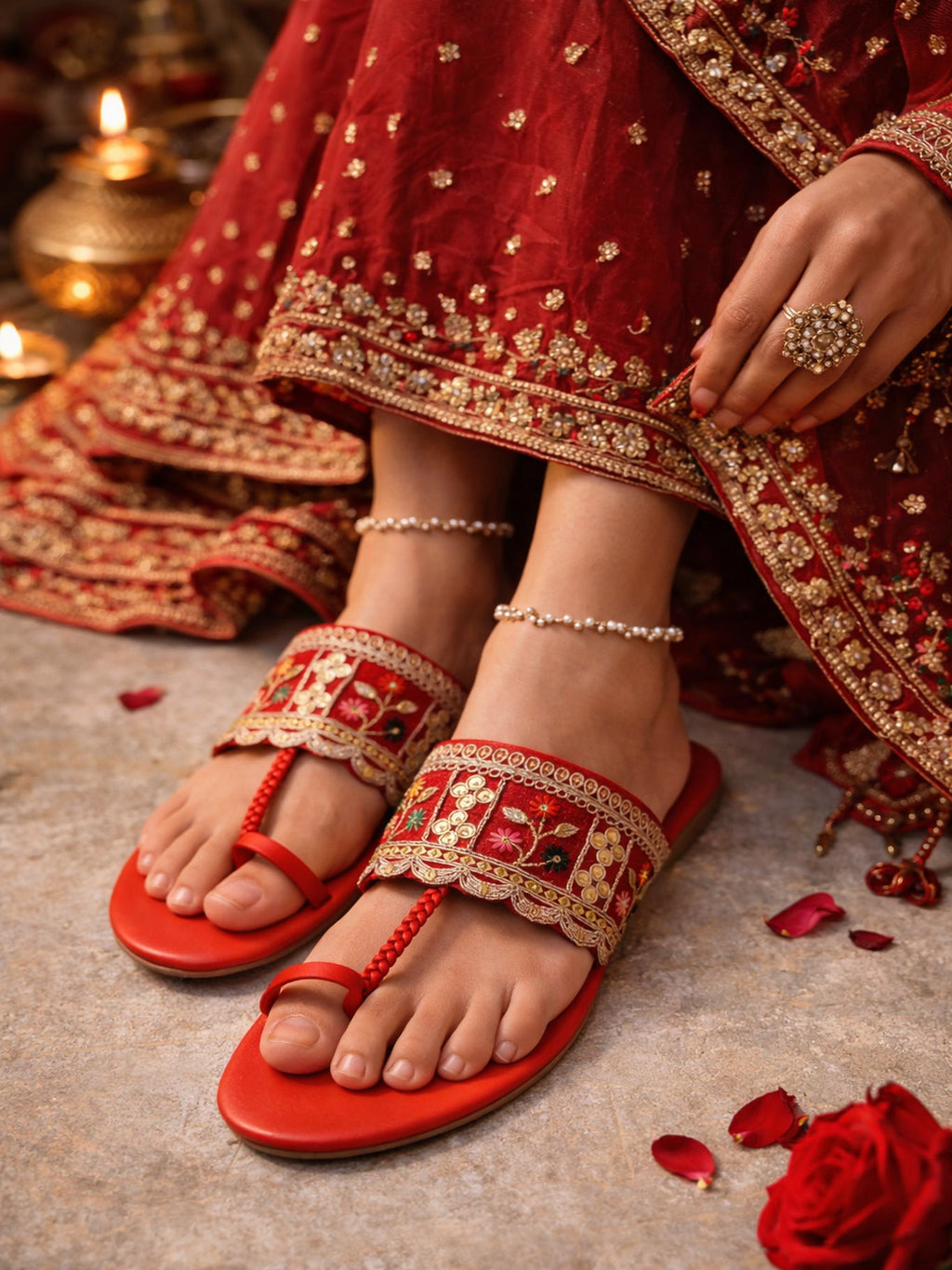Royal Red Embroidered Toe-Ring Ethnic Flats for Women