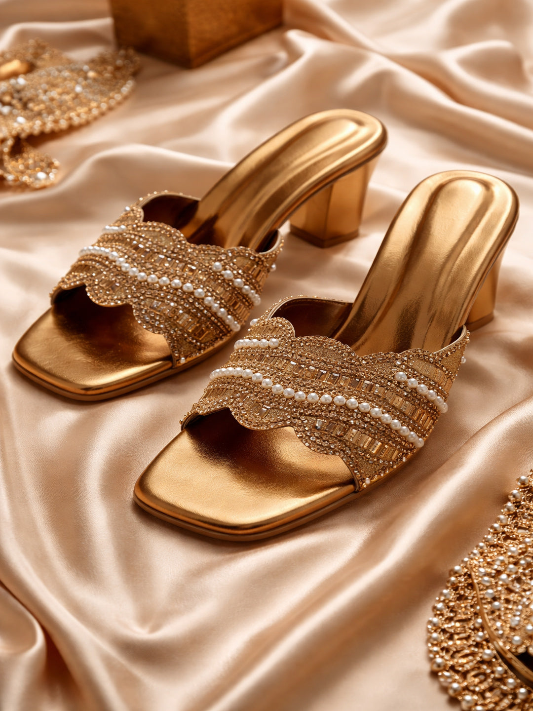 Elegant Gold Pearl-Embellished Block Heel Sandals