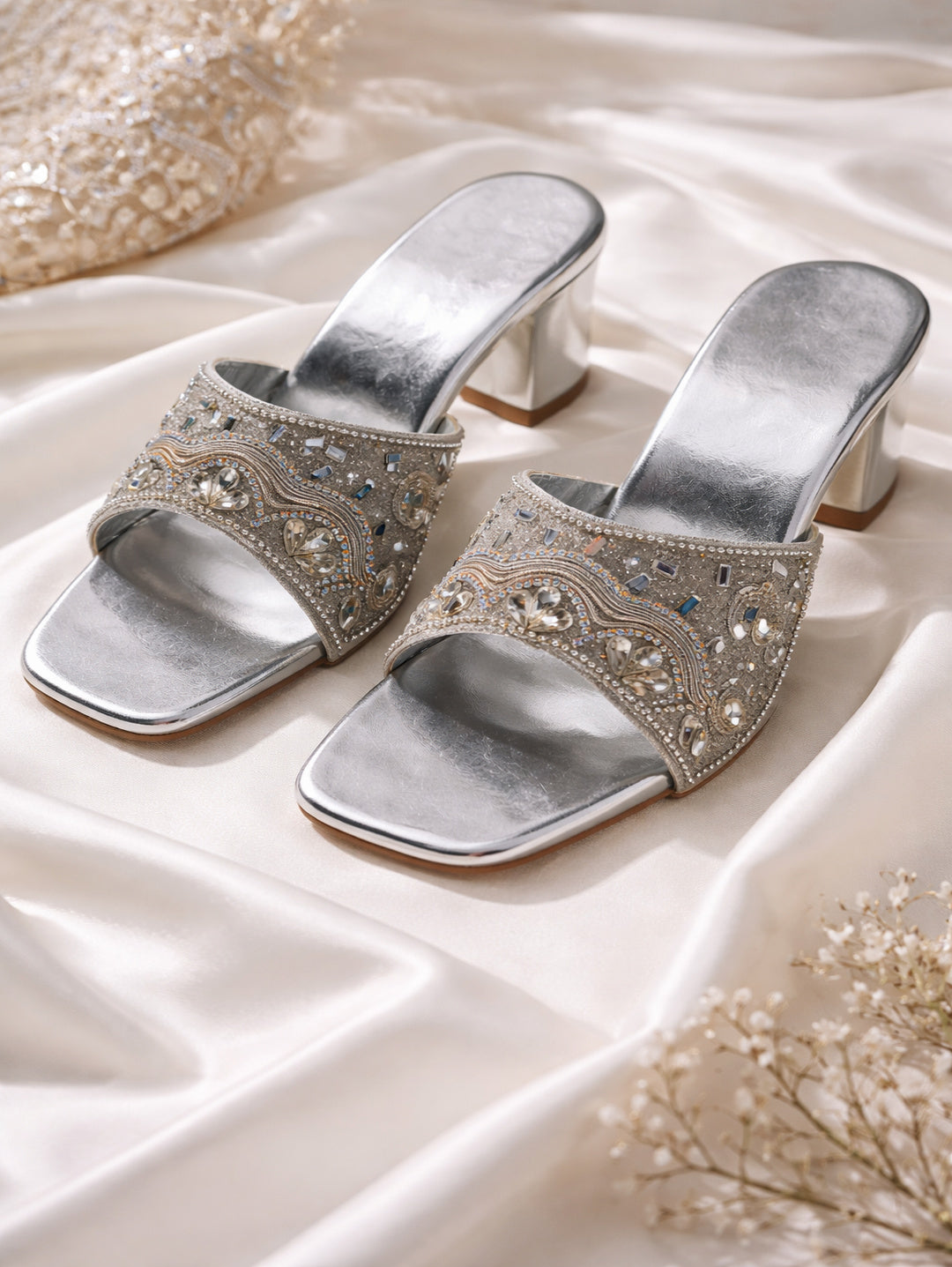 Chic Silver Embellished Block Heel Slip-On Sandals
