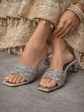 Chic Silver Embellished Block Heel Slip-On Sandals