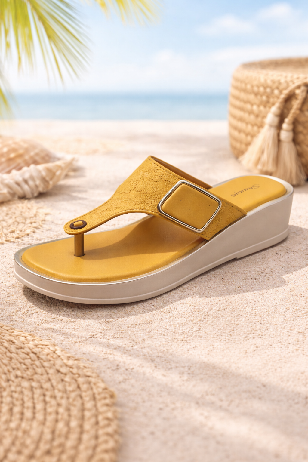 Mustard Yellow Textured Platform Toe-Ring Sandals with Buckle Detail