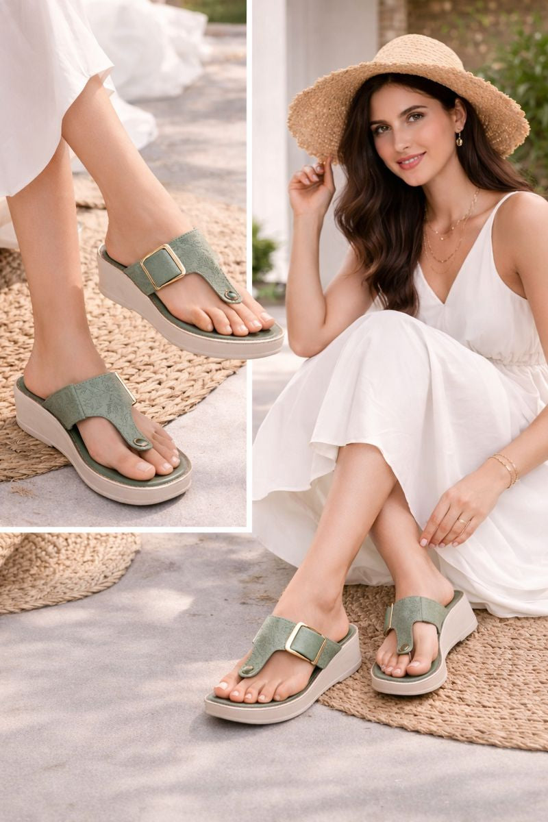 Sage Green Textured Platform Toe-Ring Sandals with Buckle Detail