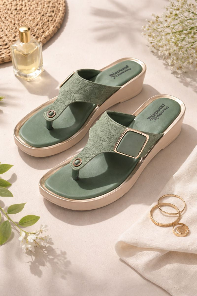 Sage Green Textured Platform Toe-Ring Sandals with Buckle Detail