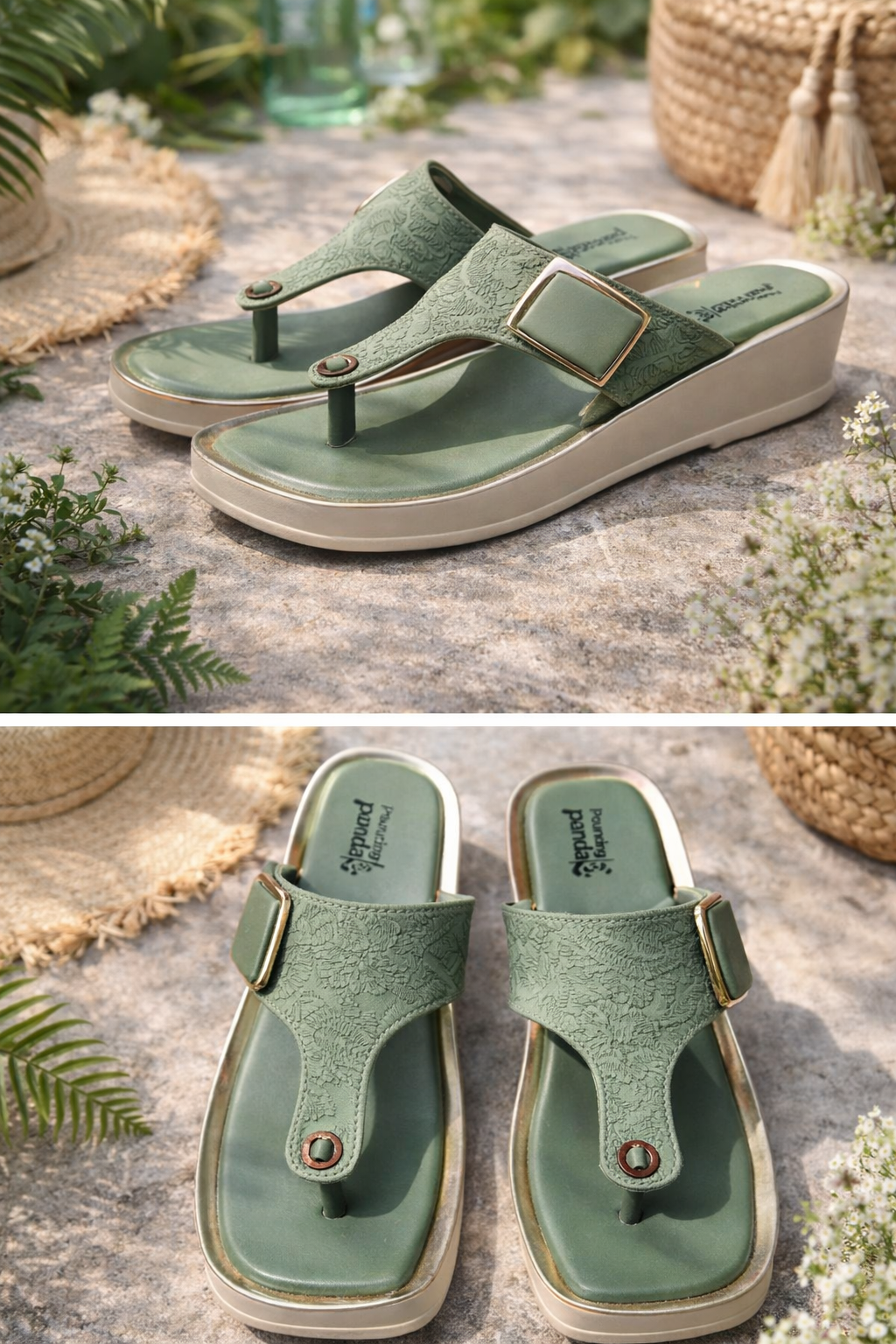 Sage Green Textured Platform Toe-Ring Sandals with Buckle Detail