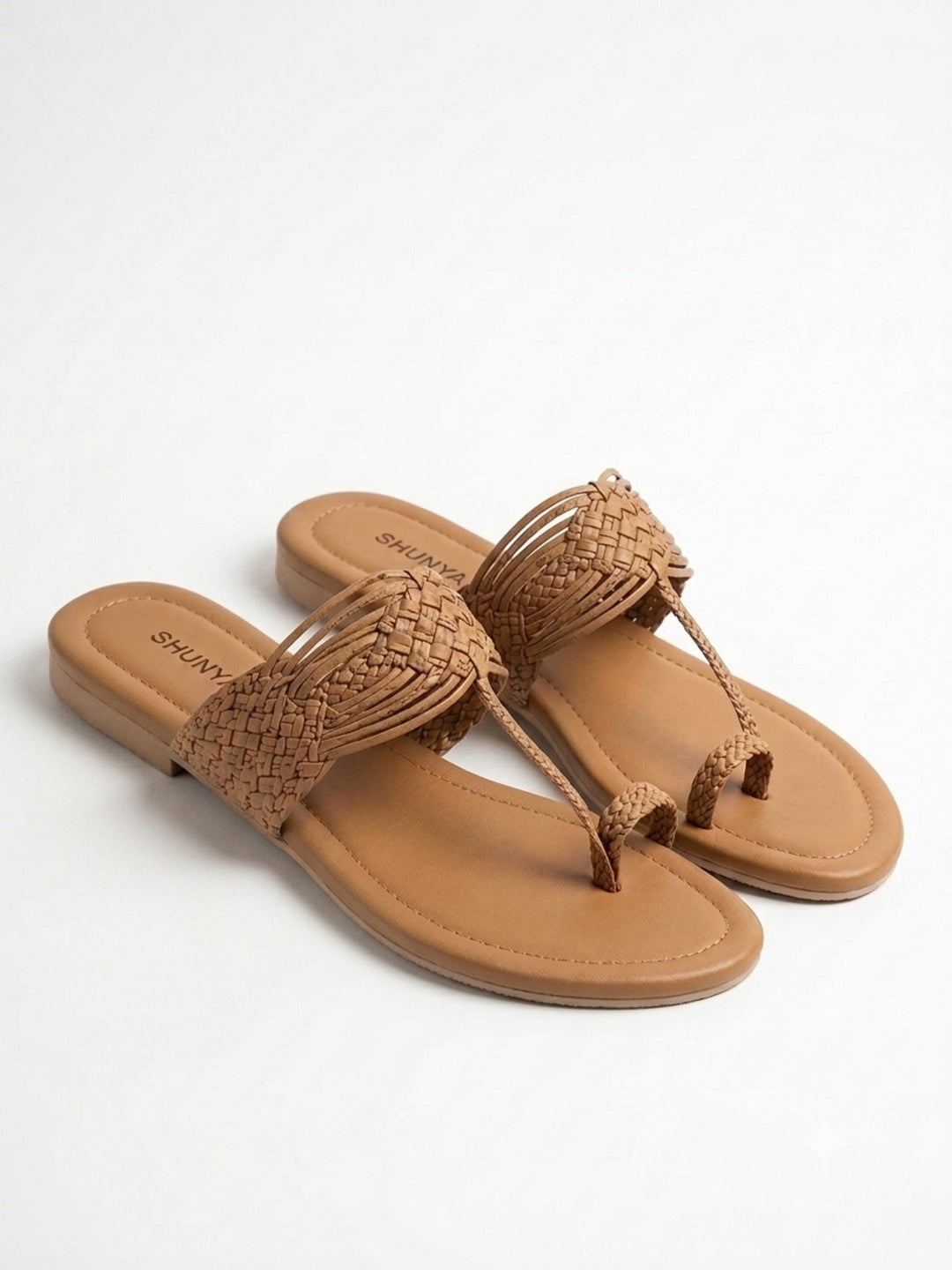 Shunya Elegant Handwoven Tan Sandals for Women | Braided Strap Flat Thong Sandals | Summer Casual Beach Footwear