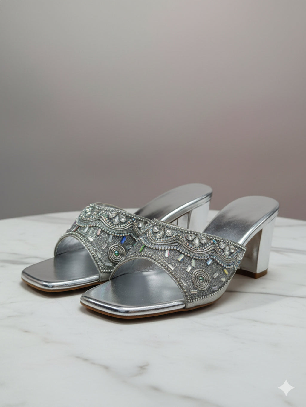 Chic Silver Embellished Block Heel Slip-On Sandals