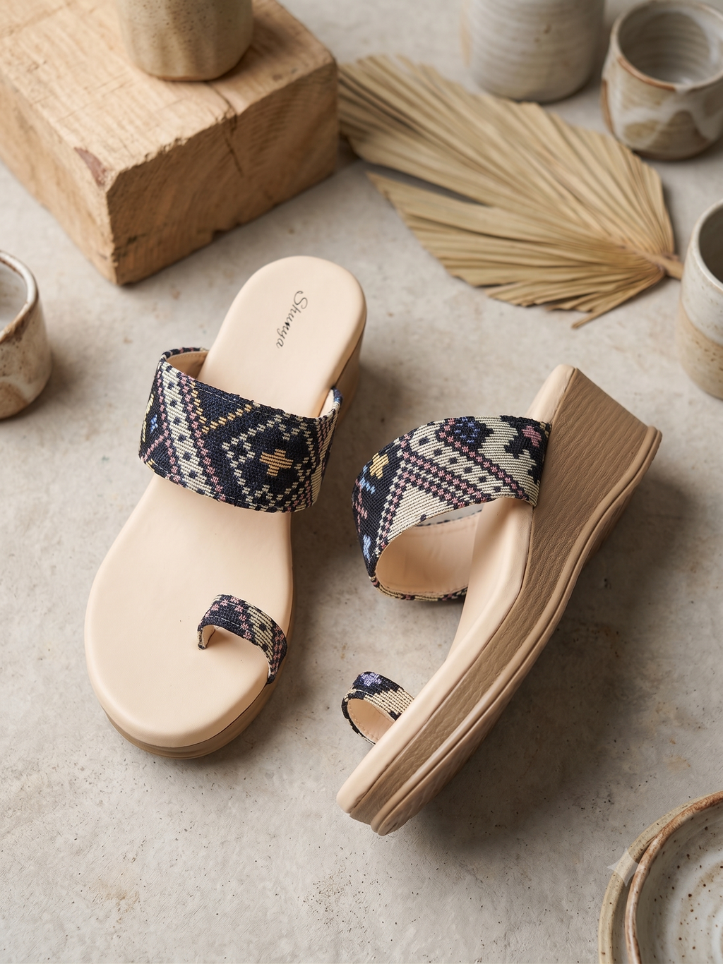 Shunya Trendy Blue Wedges Sandals for Women | Ethnic Geometric Print Platform Wedge Heels | Stylish Daily Wear & Festive Party Wear Footwear for Women and Girls