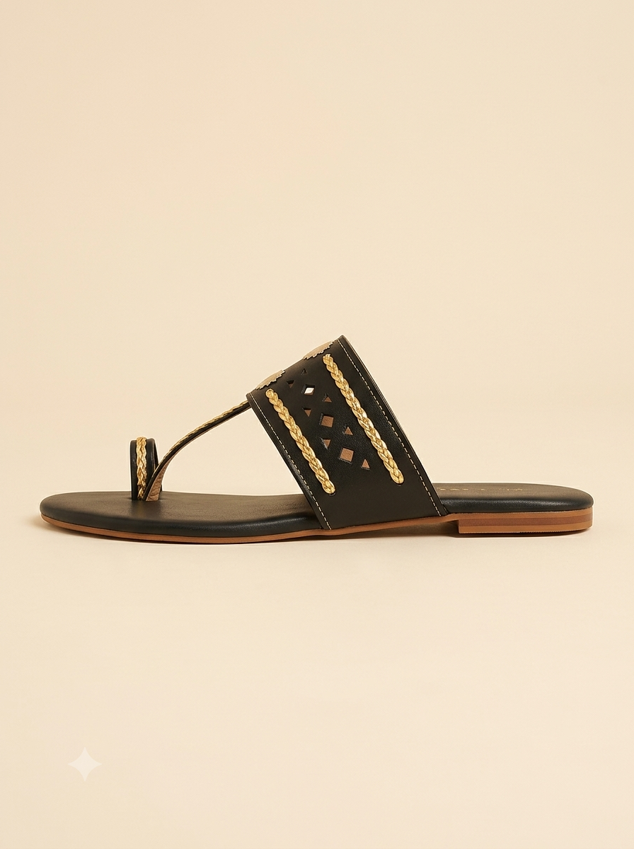 Midnight Black Gold-Accent Kolhapuri Flat Sandals