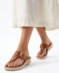 Tan Textured Buckle Toe-Post Comfort Wedge Sandals