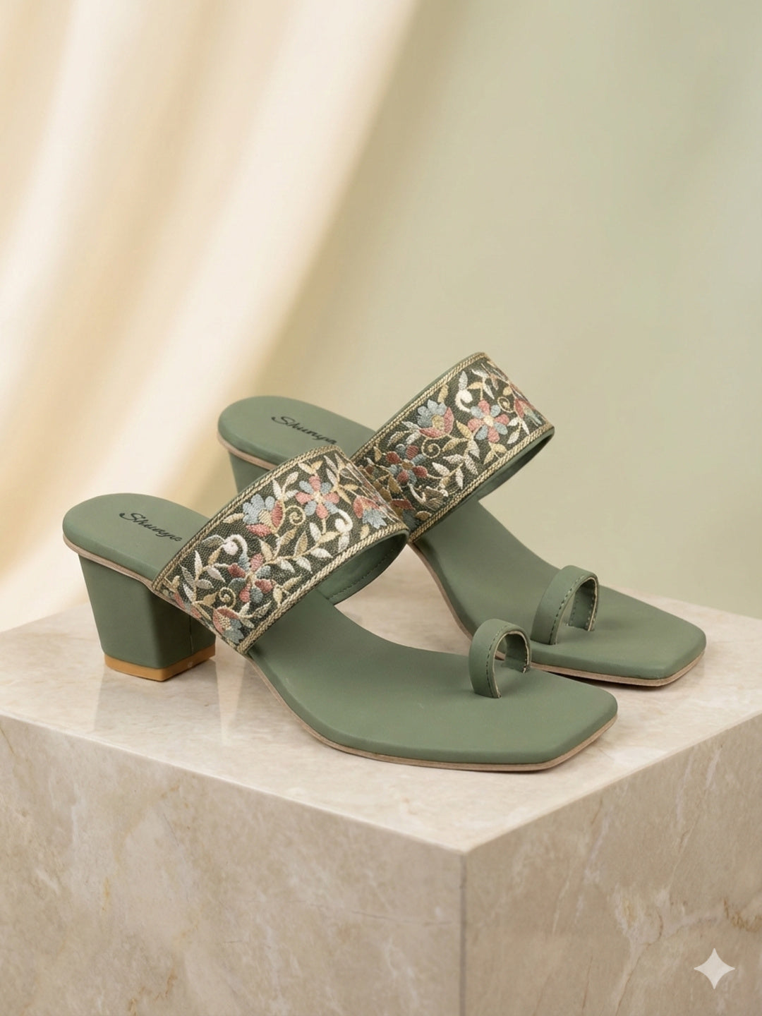 Shunya Women Embroidered Green Block Heel Sandals for Women – Festive Ethnic wear Footwear
