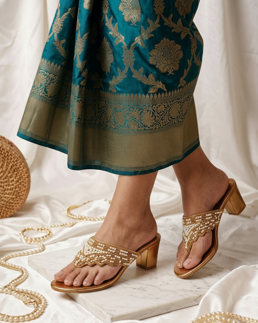 Premium Copper Pearl-Studded T-Strap Block Heel Sandals