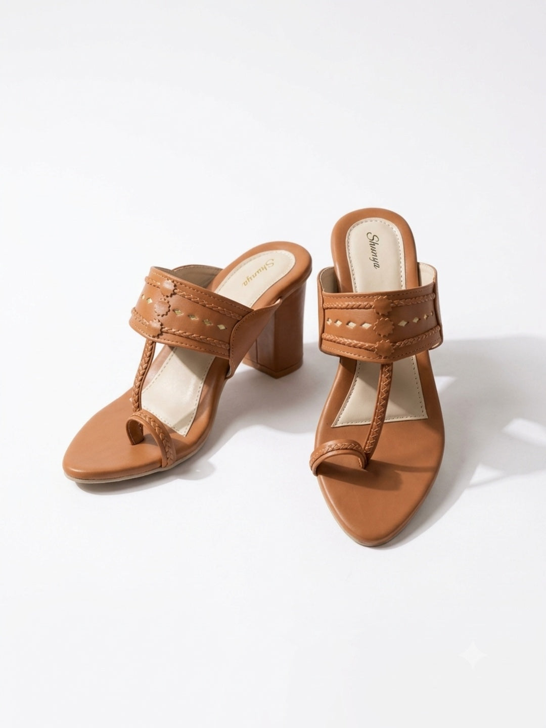 Tan Ethnic Kolhapuri Block Heels Sandal