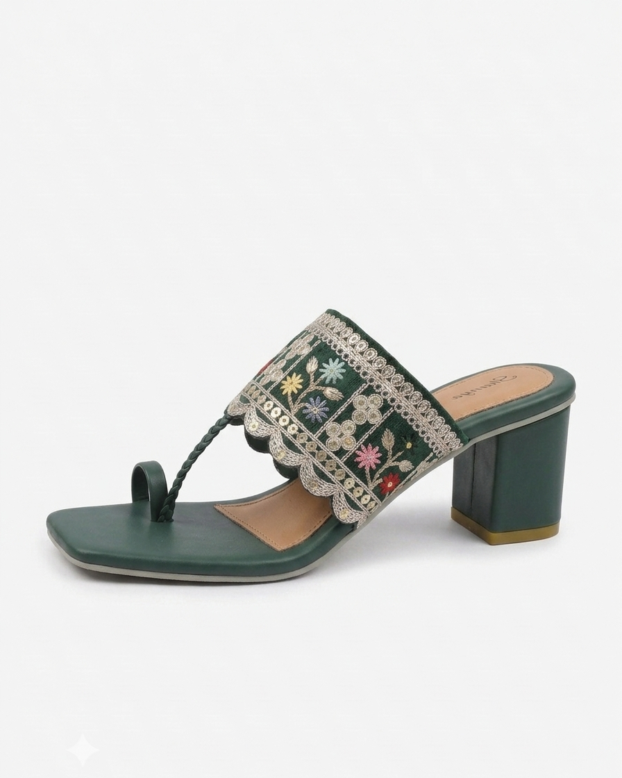 Emerald Green Embroidered Block Heel Toe-Ring Sandals