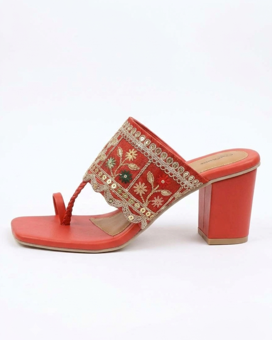 Emerald Red Embroidered Block Heel Toe-Ring Sandals