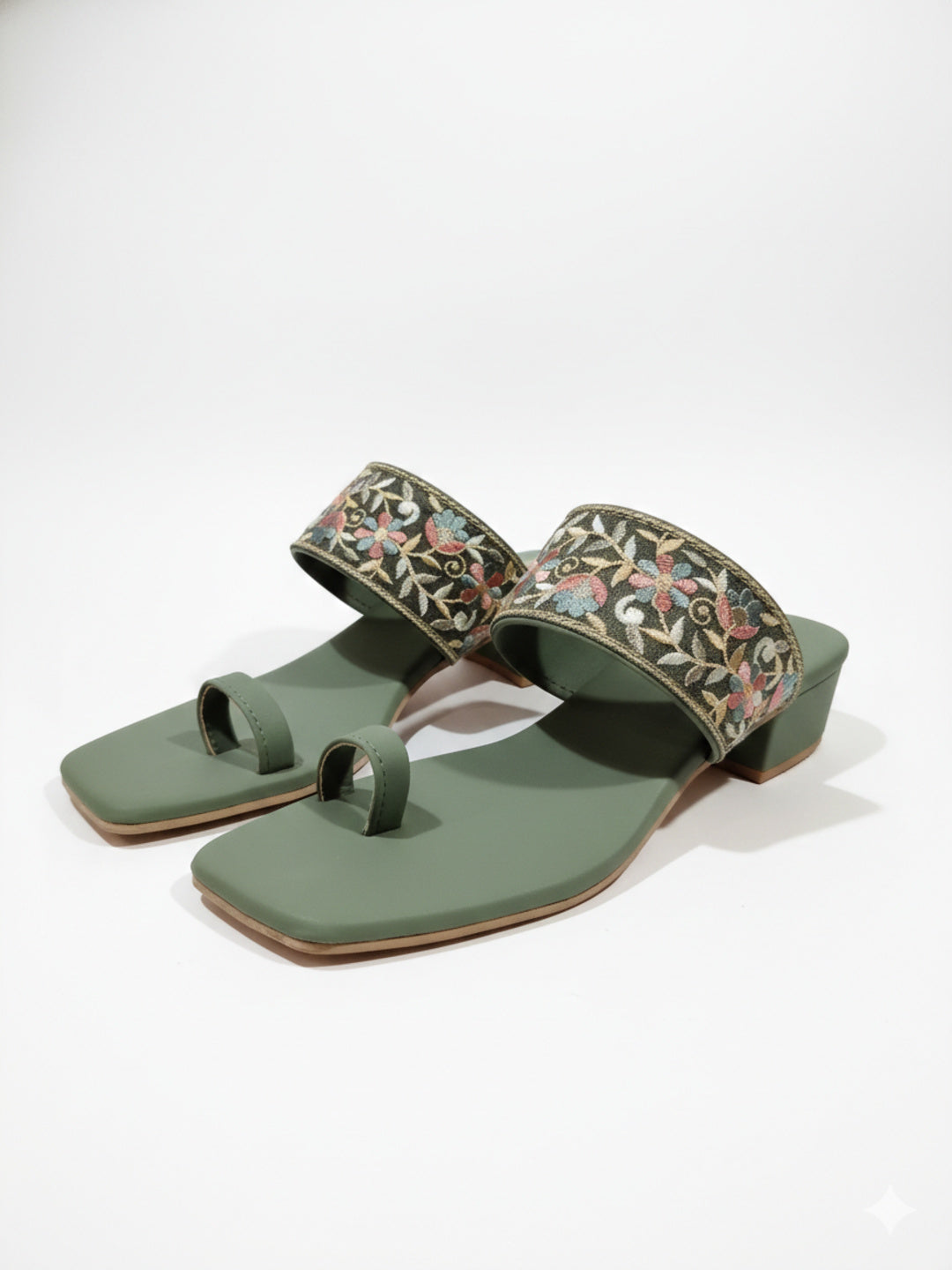 Shunya Women Embroidered Green Block Heel Sandals for Women – Festive Ethnic wear Footwear