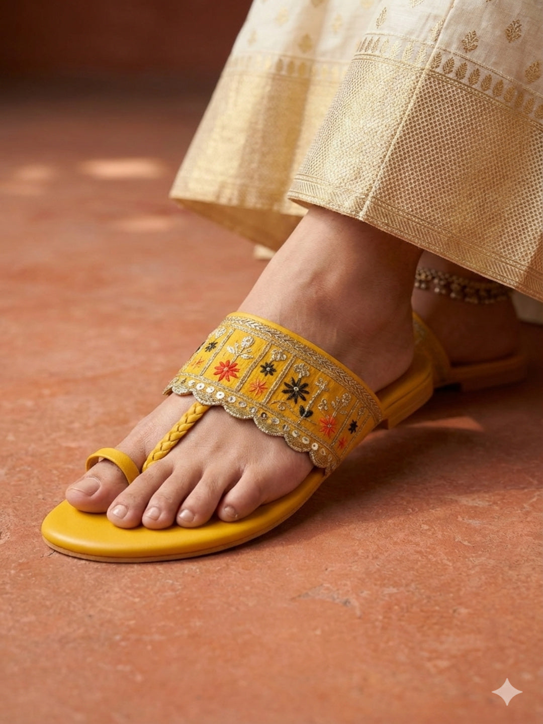 Mustard Hand-Embroidered Ethnic Toe-Ring Flats for Women