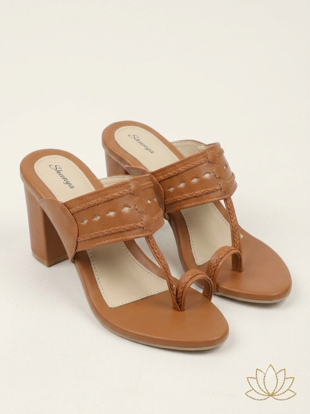 Tan Ethnic Kolhapuri Block Heels Sandal