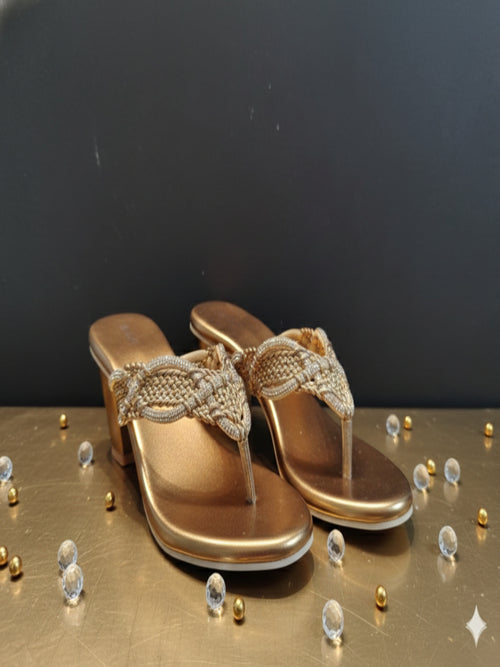 Classic Copper Braided T-Strap Block Heel Sandals