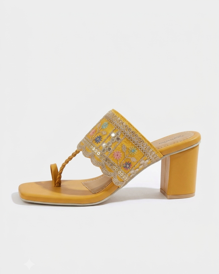 Emerald Yellow Embroidered Block Heel Toe-Ring Sandals
