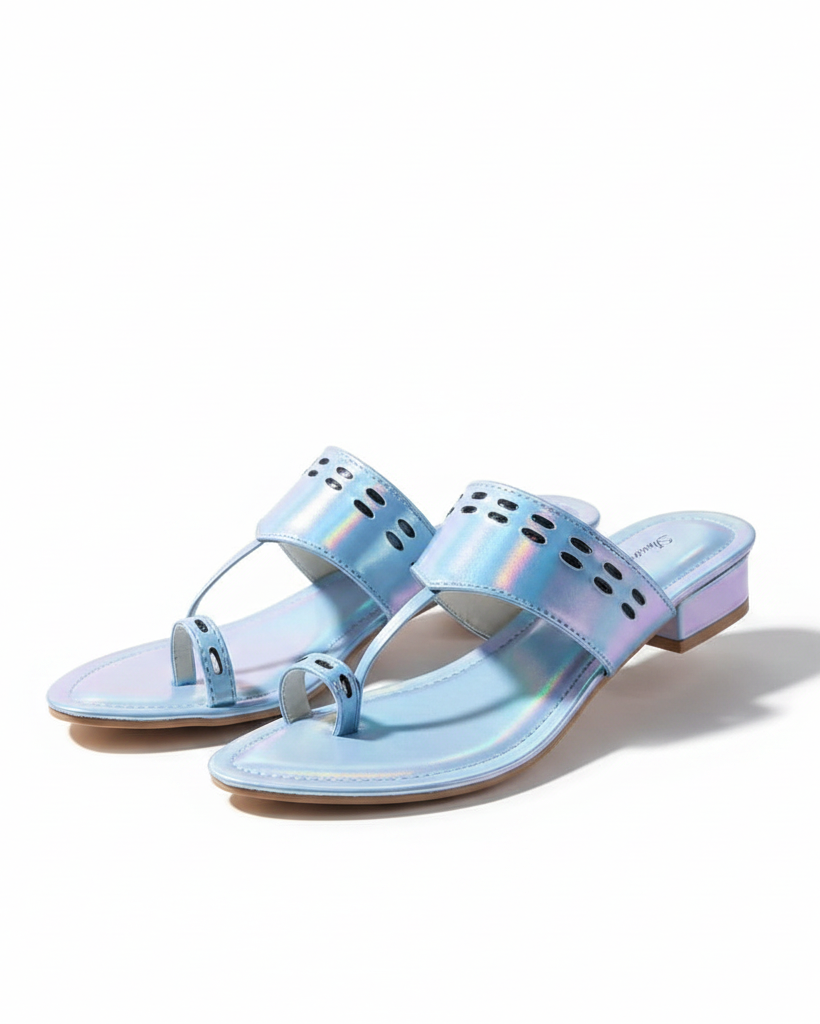 Shunya Women Blue Iridescent Toe-Ring Flat Sandals