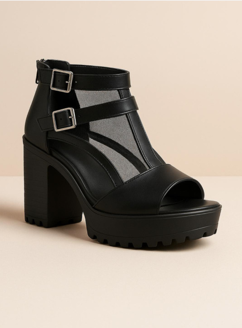 Black Chunky Heel Mesh-Strap Platform Sandal