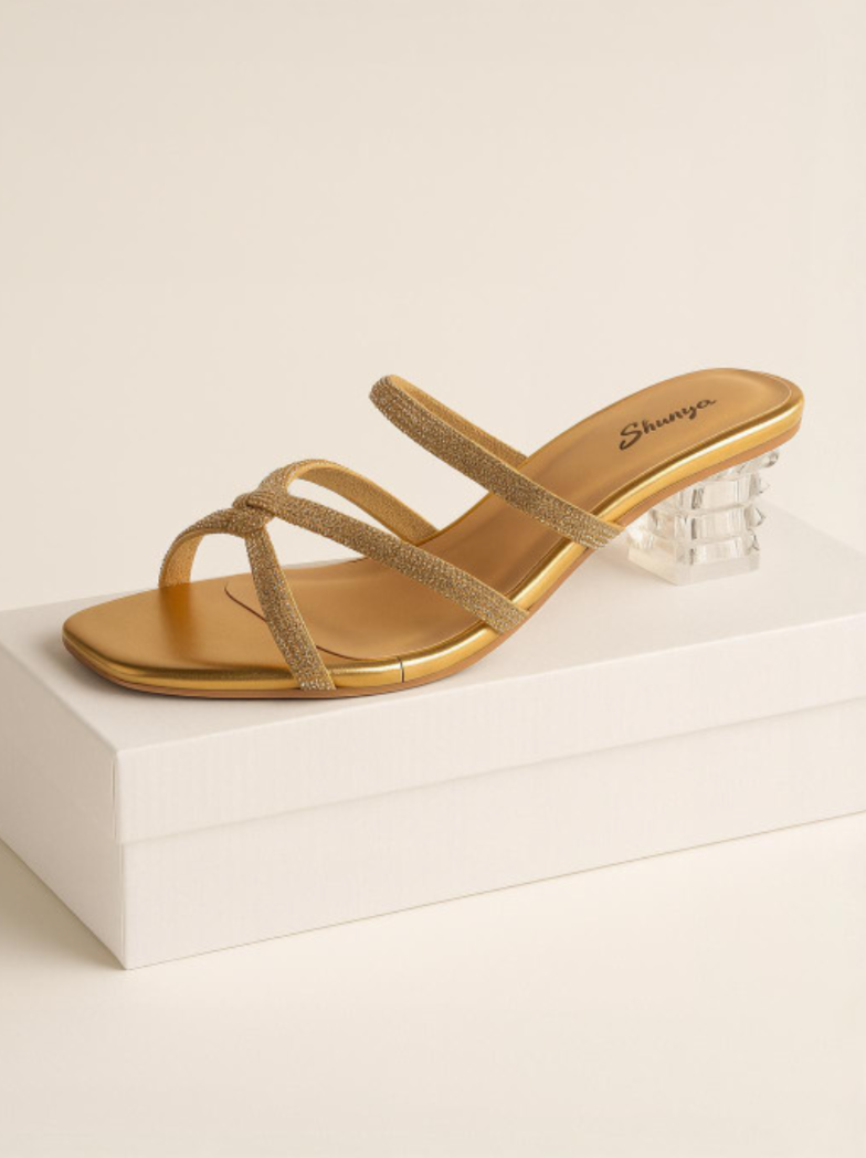 Shimmering Copper Criss-Cross Strap Heels for Women | Transparent Block Party Sandals | Luxe Festive Footwear