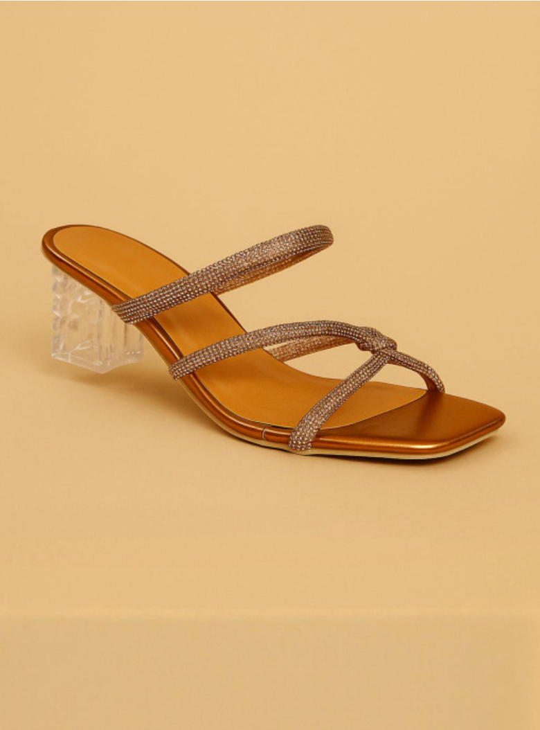 Copper Crystal-Heel Strappy Slide Sandals