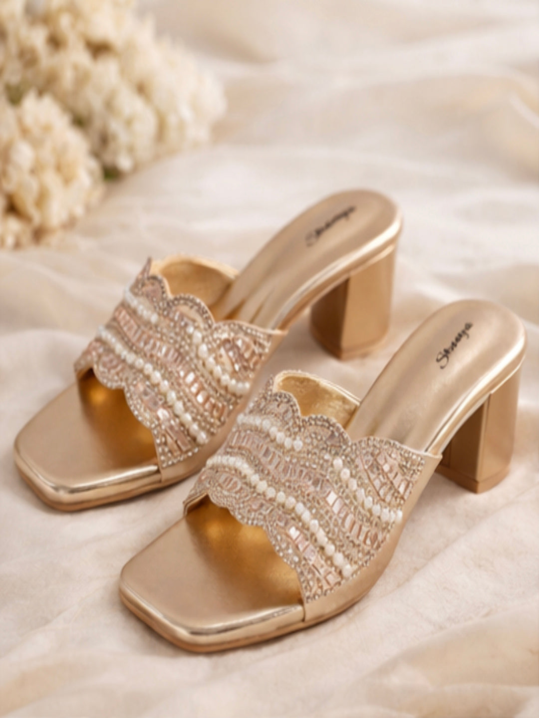 Elegant Champagne Gold Pearl Embellished Block Heel Sandals