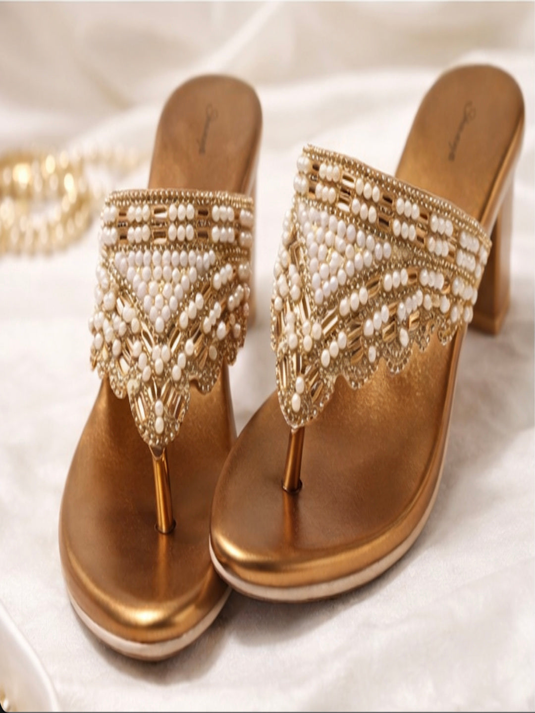 Premium Copper Pearl-Studded T-Strap Block Heel Sandals