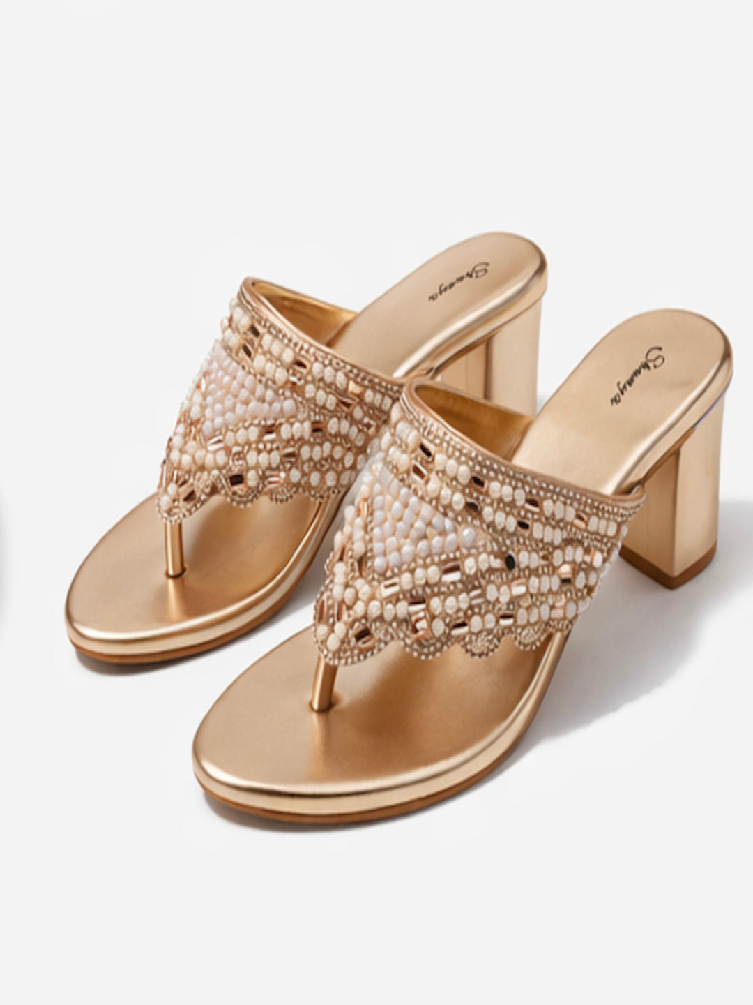 Premium Gold Pearl-Studded T-Strap Block Heel Sandals