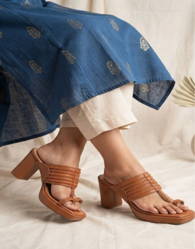 Shunya Women Tan Solid Open Toe Block Heels with Braided Straps & Kolhapuri Inspired Toe Ring