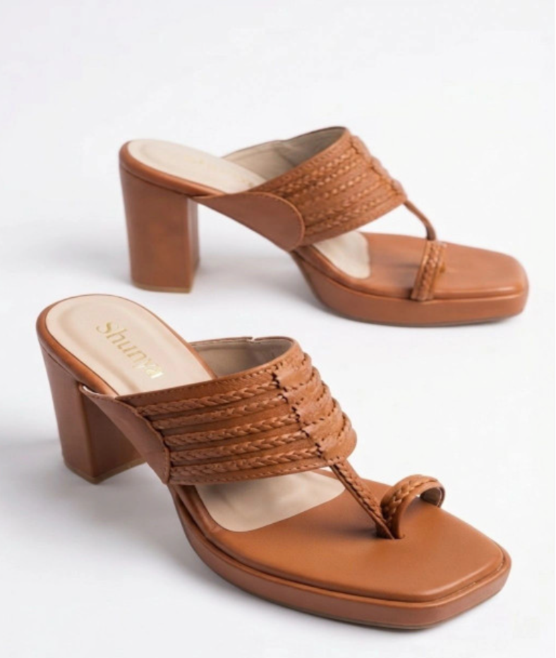 Shunya Women Tan Solid Open Toe Block Heels with Braided Straps & Kolhapuri Inspired Toe Ring