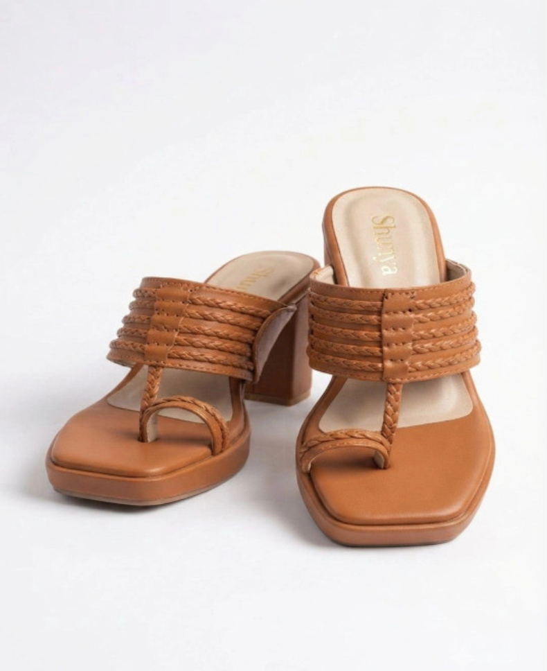 Shunya Women Tan Solid Open Toe Block Heels with Braided Straps & Kolhapuri Inspired Toe Ring