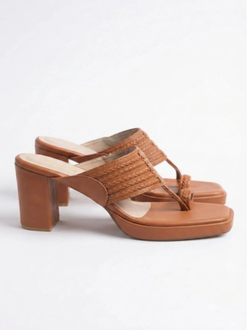 Shunya Women Tan Solid Open Toe Block Heels with Braided Straps & Kolhapuri Inspired Toe Ring