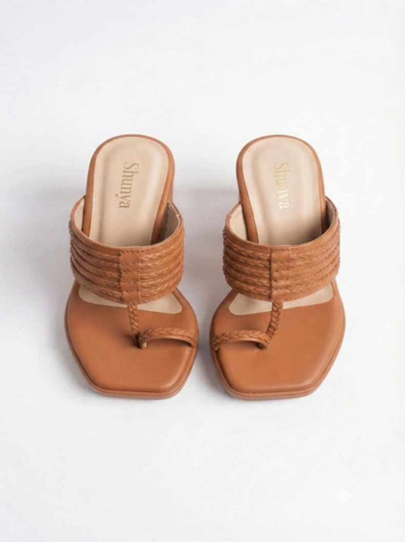 Shunya Women Tan Solid Open Toe Block Heels with Braided Straps & Kolhapuri Inspired Toe Ring