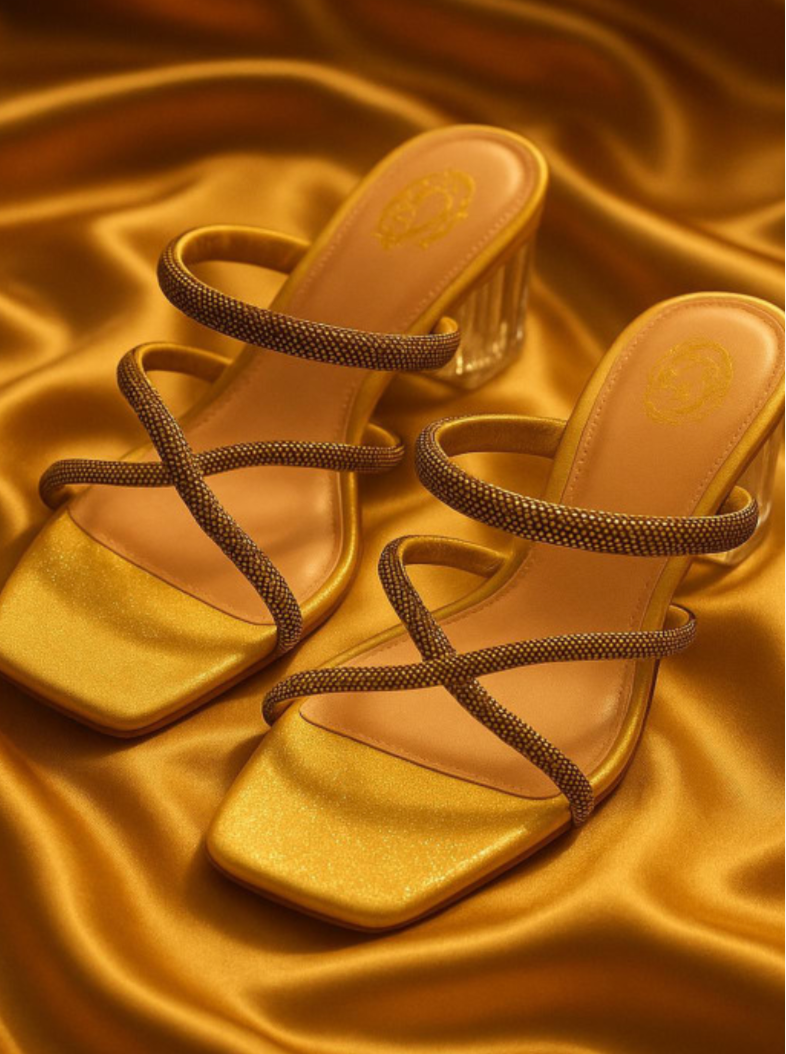 Shimmering Gold Criss-Cross Strap Heels for Women | Transparent Block Party Sandals | Luxe Festive Footwear