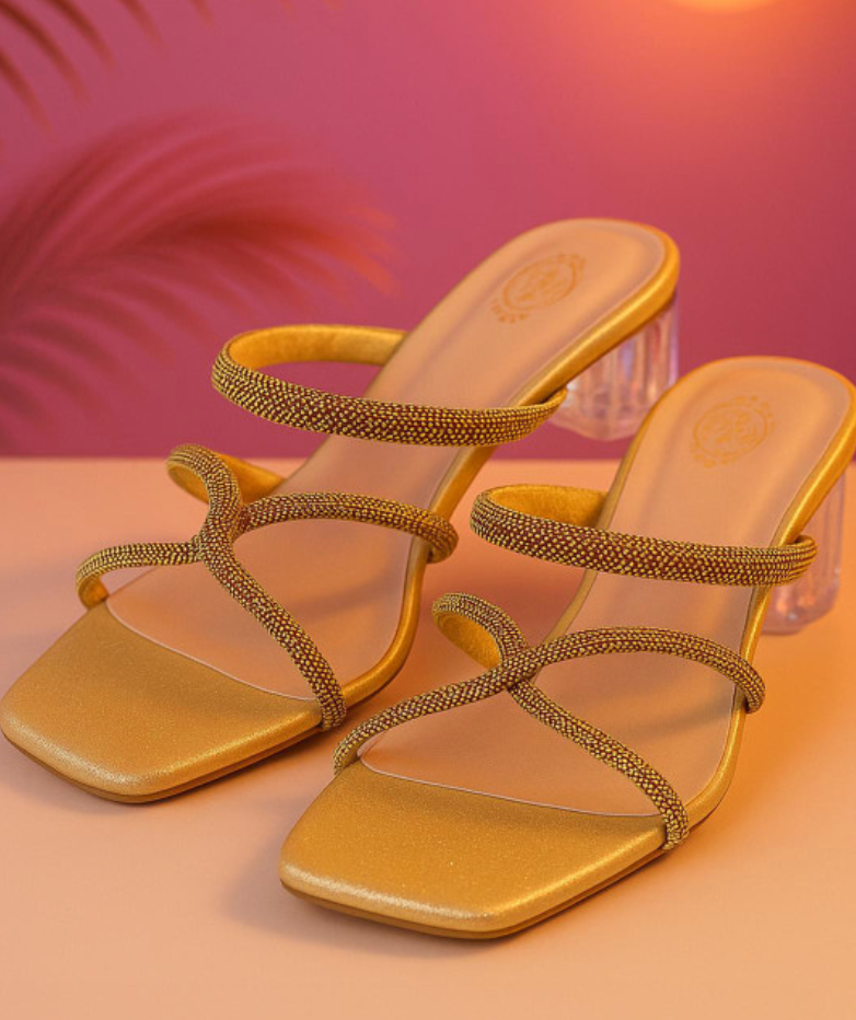 Shimmering Gold Criss-Cross Strap Heels for Women | Transparent Block Party Sandals | Luxe Festive Footwear