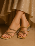 Shimmering Gold Criss-Cross Strap Heels for Women | Transparent Block Party Sandals | Luxe Festive Footwear